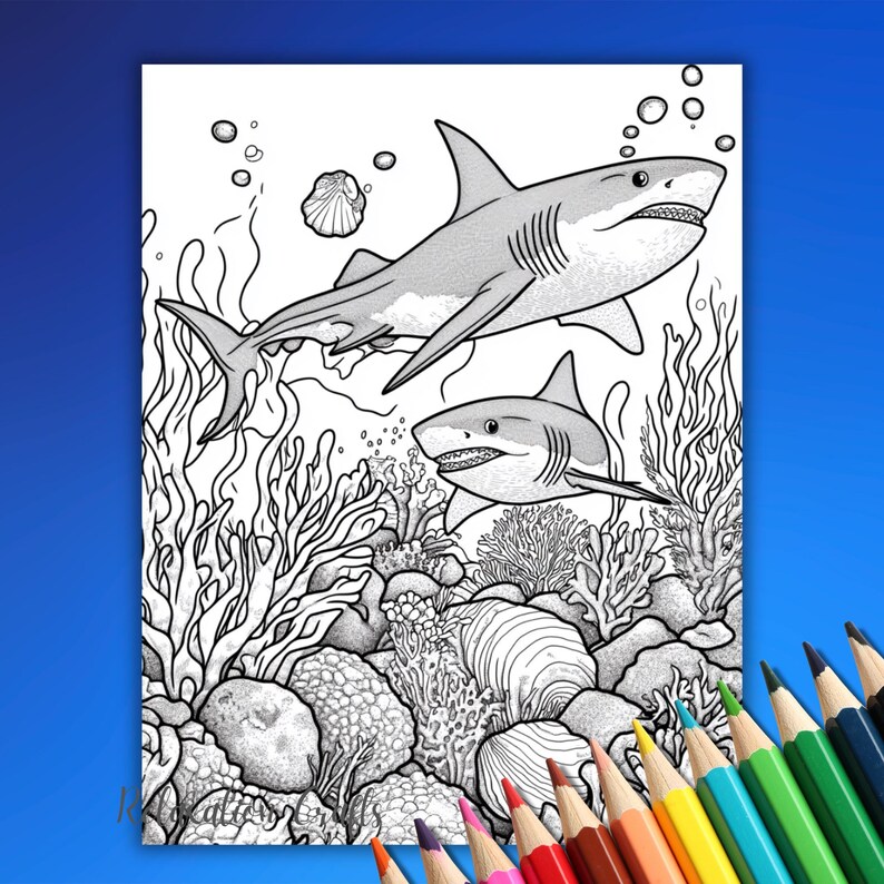 Puede incluir: Una p&aacute;gina para colorear en blanco y negro con dos tiburones nadando en un arrecife de coral. Los tiburones tienen dientes afilados y aletas. El arrecife de coral est&aacute; lleno de intrincados detalles de plantas y rocas.