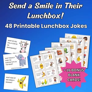 Puede incluir: Fondo azul con el texto "Send a Smile in Their Lunchbox!" y "48 Printable Lunchbox Jokes." La imagen muestra varias tarjetas con chistes e ilustraciones, incluyendo una vaca, un elefante y un plátano. La imagen también incluye el texto "+16 BONUS BLANK CARDS!" y "INSTANT DOWNLOAD."