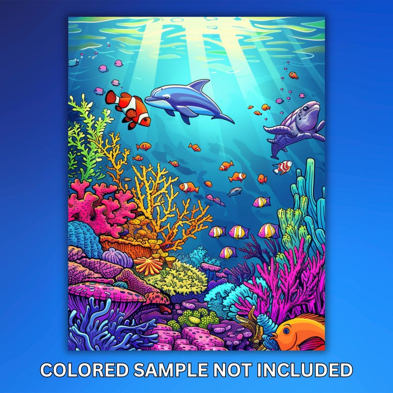 Puede incluir: Una escena submarina con un arrecife de coral, peces coloridos, un delf&iacute;n y una tortuga. El arrecife de coral est&aacute; formado por varios tonos de rosa, naranja, amarillo y verde. Los peces son de varios colores, incluyendo rojo, naranja, amarillo, azul y verde. El delf&iacute;n es azul y blanco, y la tortuga es verde y marr&oacute;n.