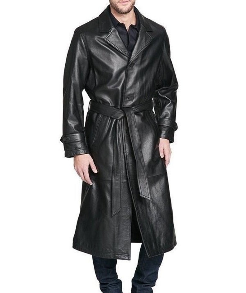 Men's Black Genuine Soft Lambskin Leather Belted Long | Etsy