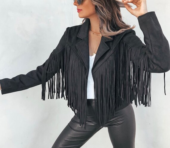 Western Women's Black Suede Leather Tassel Jacket Women - Etsy