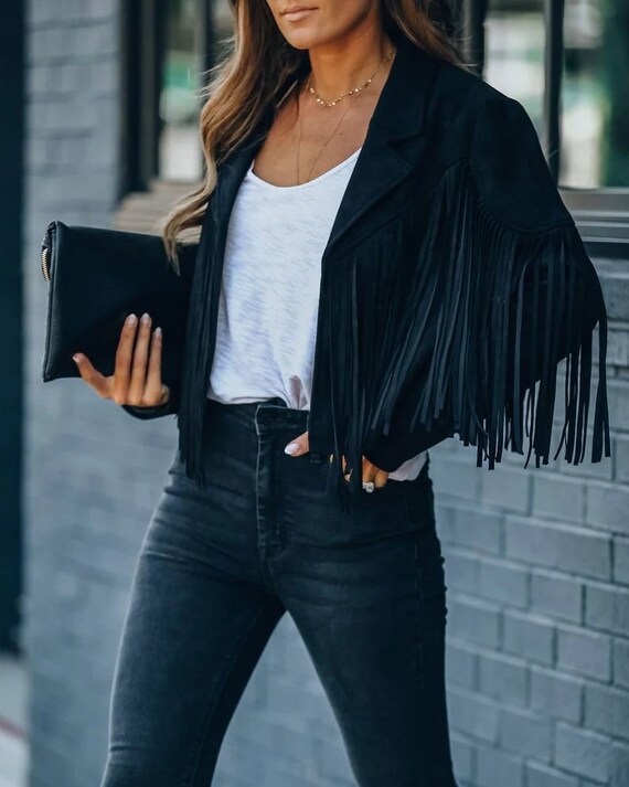 black fringe jacket suede