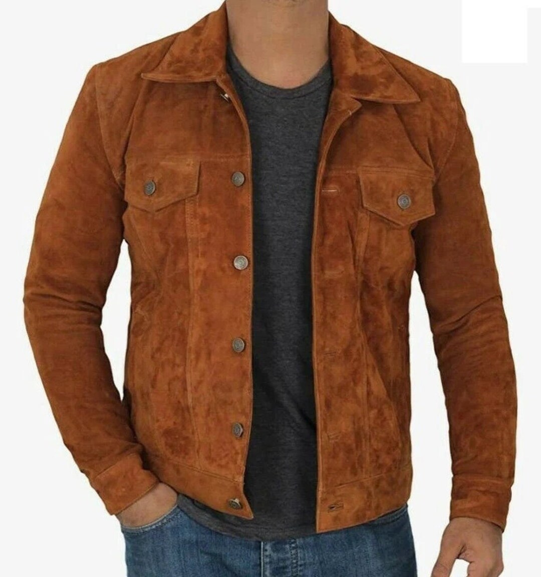 Mens Brown Genuine Suede Leather Trucker Jacket Men Tan Brown - Etsy