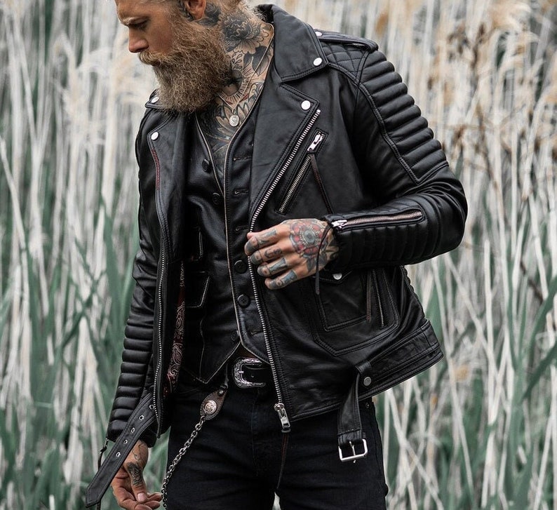 Leather Look Biker Jacket With Back Print