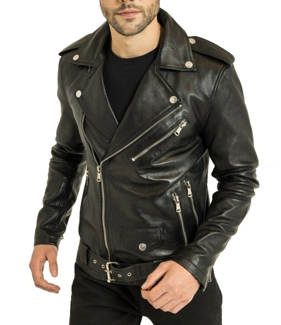 Men's Black Slim Fit Real Leather Belted Moto Jacket - Etsy