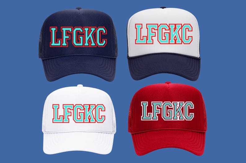 May include: Four trucker hats with a mesh back. The hats are in four different colours: navy blue, white, red, and white. Each hat has the text "LFGK" in a turquoise blue with a red outline.