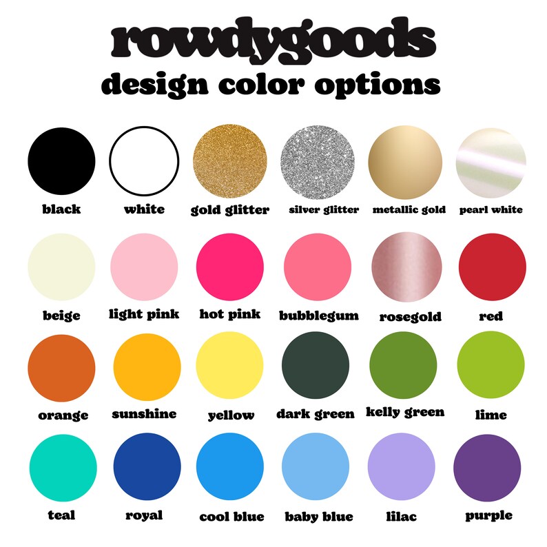 Pu&ograve; includere: Tabella colori con 20 diverse opzioni di colore per progetti di design. I colori includono nero, bianco, glitter oro, glitter argento, oro metallizzato, bianco perla, beige, rosa chiaro, rosa acceso, bubblegum, oro rosa, rosso, arancione, sole, giallo, verde scuro, verde kelly, verde lime, turchese, blu reale, blu chiaro, blu bambino, lilla e viola.