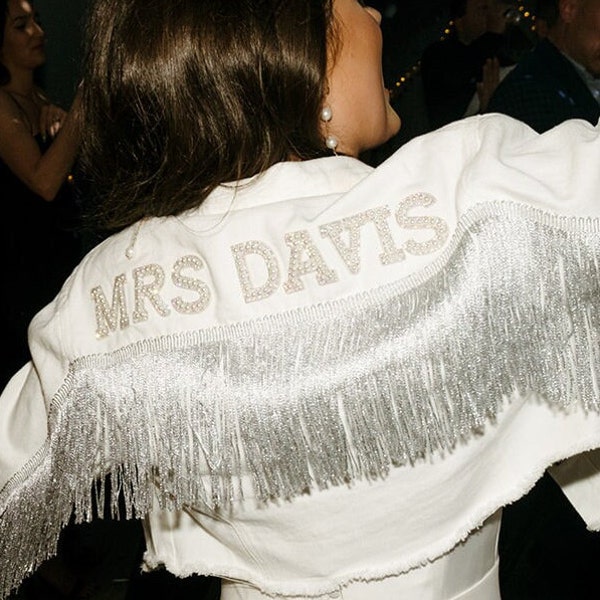 Custom Bridal Denim Jacket: Fringe, Rhinestone Patch