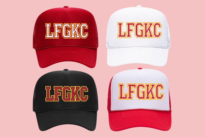 May include: Four trucker hats with the text "LFGKC" in red and yellow letters on a white background. The hats are in black, red, white, and red and white.