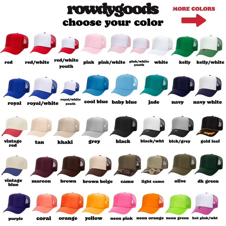 Pu&ograve; includere: Un grafico che mostra 24 diverse opzioni di colore per cappellini da camionista. I cappellini sono disposti in quattro file di sei cappellini ciascuna. I colori includono rosso, bianco, rosa, blu, verde, marrone, kaki, grigio, nero, marrone, beige, mimetico, oliva, arancione, giallo, rosa neon, arancione neon, verde neon e viola.