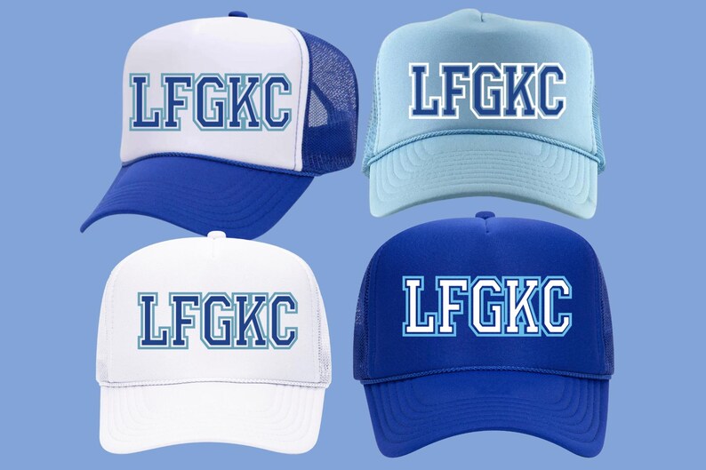 May include: Four trucker hats with a blue and white mesh design. The hats have a blue brim and a white crown with the text "LFGKC" in blue and white letters.
