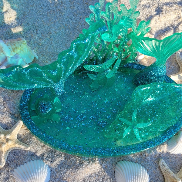 Plat de bijoux turquoise , Thème sirène avec coquillages et coraux | Plateau de vanité en résine époxy personnalisable