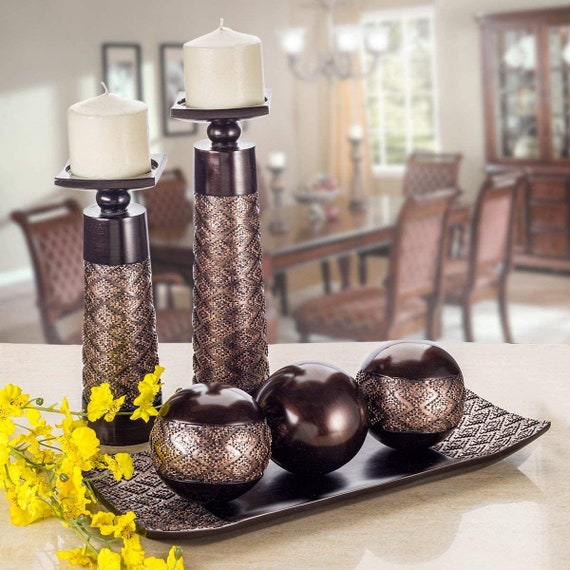 Pillar Candle Holder 2Pc Set Mosaic Wood Dining Table Decor Center Piece Mantle 
