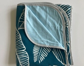 Island Style 42" Baby Blanket with Blue Banana Leaves Design + Lined with Flannel - Great for Keiki, Toddlers or Adult lap blanket