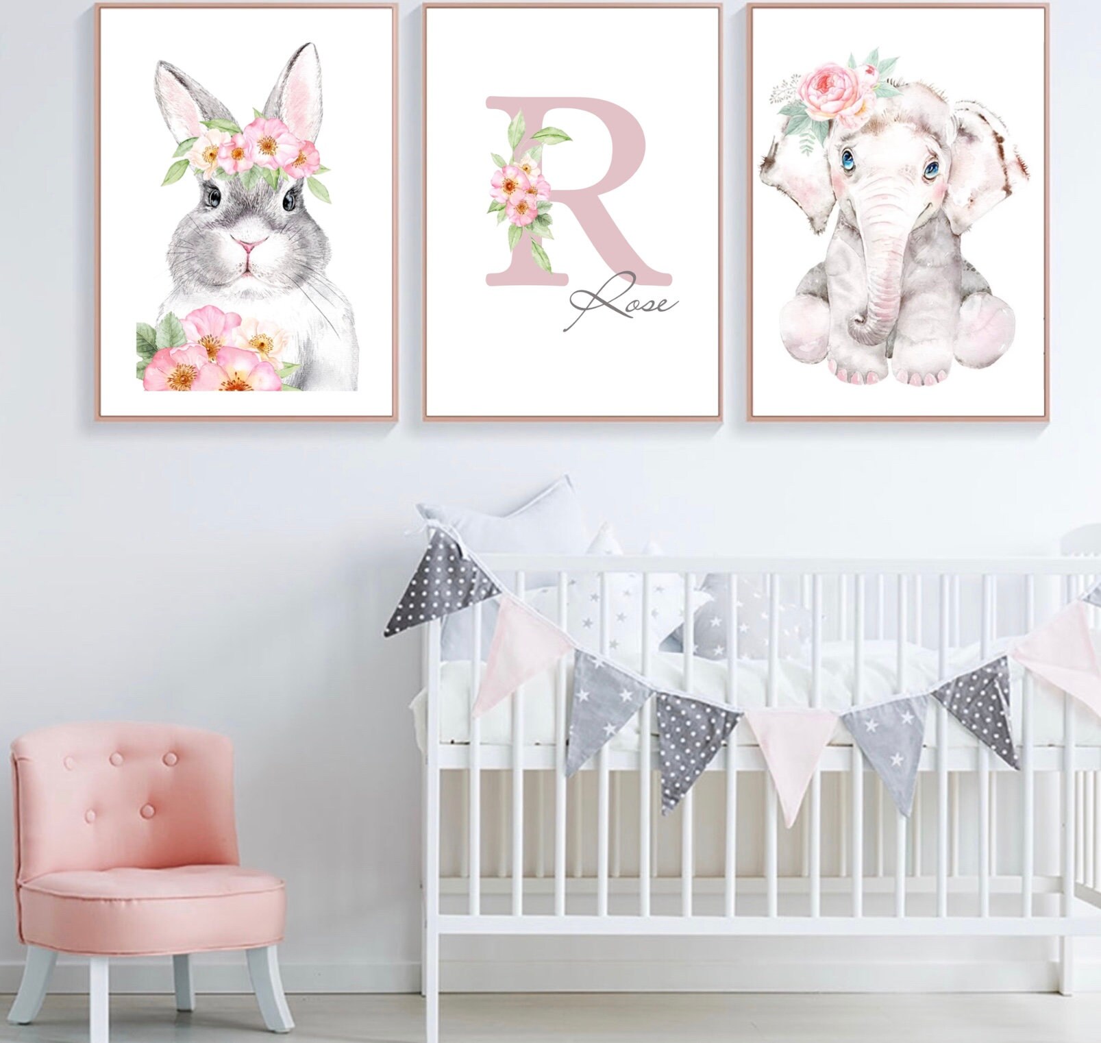 Trio Affiches Prénom Thème Lapin et Éléphant à Personnaliser