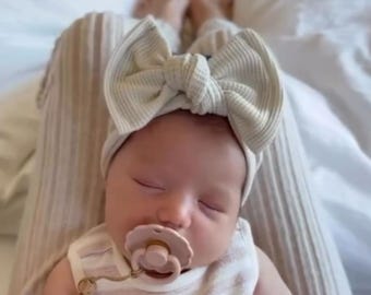 Geribbelde babyhoofdband met grote strik | Zachte katoenen rekbare hoofdband
