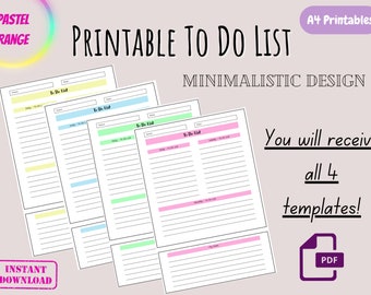 Minimalistic Printable To Do List | Pastel  | Instant download | Print at home | Organise | Plan ahead | PDF Template | Simple | Inserts