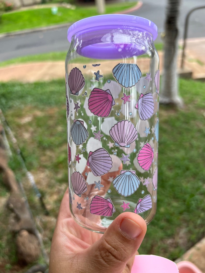 Glass Tumbler Coffee Cup With Seashell Design, Glass Cup With Lid and