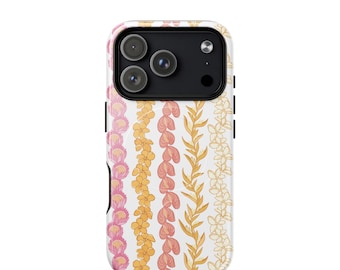 May include: A white smartphone case featuring a vertical pattern of five distinct floral and leaf garlands in shades of pink, orange, and yellow. The design includes stylized depictions of tropical flowers and foliage arranged in parallel columns.