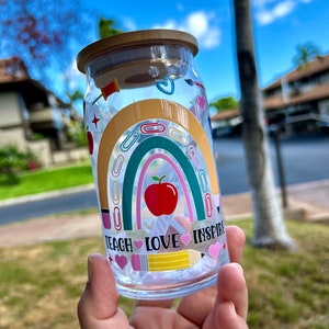 Teacher Iced Coffee Glass Cup, Cute teach Design Custom Cup, Iced coffee glass,Glass with Bamboo lid and glass straw, Cup with Lid
