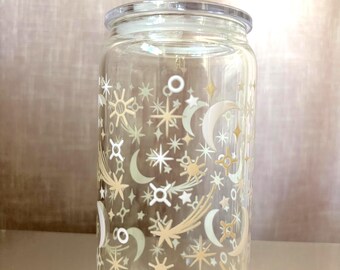 Celestial Iced Coffee Glass Cup: Star & Moon Design, Bamboo Lid