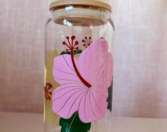 Hibiscus Glass Cup: Tropical Floral Iced Coffee Can with Bamboo Lid & Straw