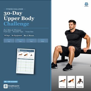 Könnte beinhalten: Ein Fitness-Grafik mit der Aufschrift "30-Tage Oberkörper-Challenge" und Übungsillustrationen. Enthält einen Mann, der Trizeps-Dips demonstriert. Die Grafik zeigt auch einen Trainingsplan und die Worte "Für Männer & Frauen".