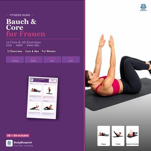 Könnte beinhalten: Ein Fitness-Ratgeber mit dem Titel "Bauch & Core fur Frauen" mit lila Hintergrund. Der Ratgeber enthält 12 Core- und Bauchmuskelübungen, mit einer Frau, die eine Übung ausführt. Der Ratgeber enthält auch Illustrationen von Übungen wie Plank, V-Ups und Bicycle Crunches.
