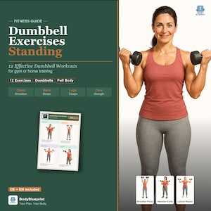 Könnte beinhalten: Ein Fitness-Ratgeber mit dem Titel "Dumbbell Exercises Standing" mit einer Frau, die Kurzhanteln hält. Der Ratgeber enthält 12 Kurzhantel-Workouts für das Fitnessstudio oder das Training zu Hause. Der Ratgeber ist auf Englisch und Deutsch.