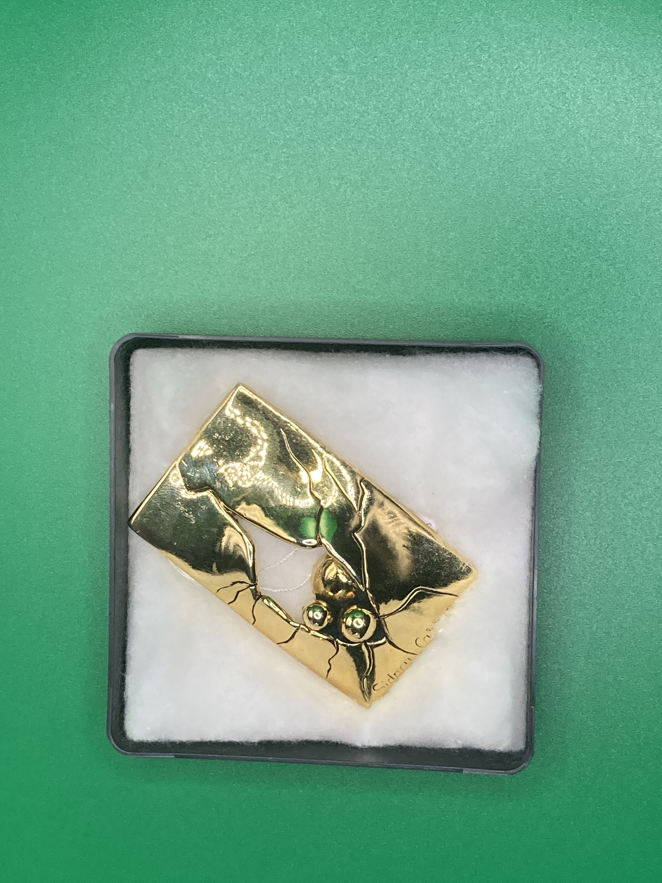 Broche Vintage Sydney Carron Verd - Métal Argenté, Années 80/90, Bijou D'occasion, Style Rétro