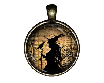 Witch and Raven Necklace Vintage Halloween Handmade Jewelry Gift Pendant Charm