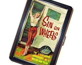 Sin on Wheels Cigarette Case Handmade Vintage Metal Wallet Stash Business Credit Card Cigarette ID IPod Holder Box Case