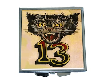 Black cat 13 Compact Mirror Handmade Vintage Gift