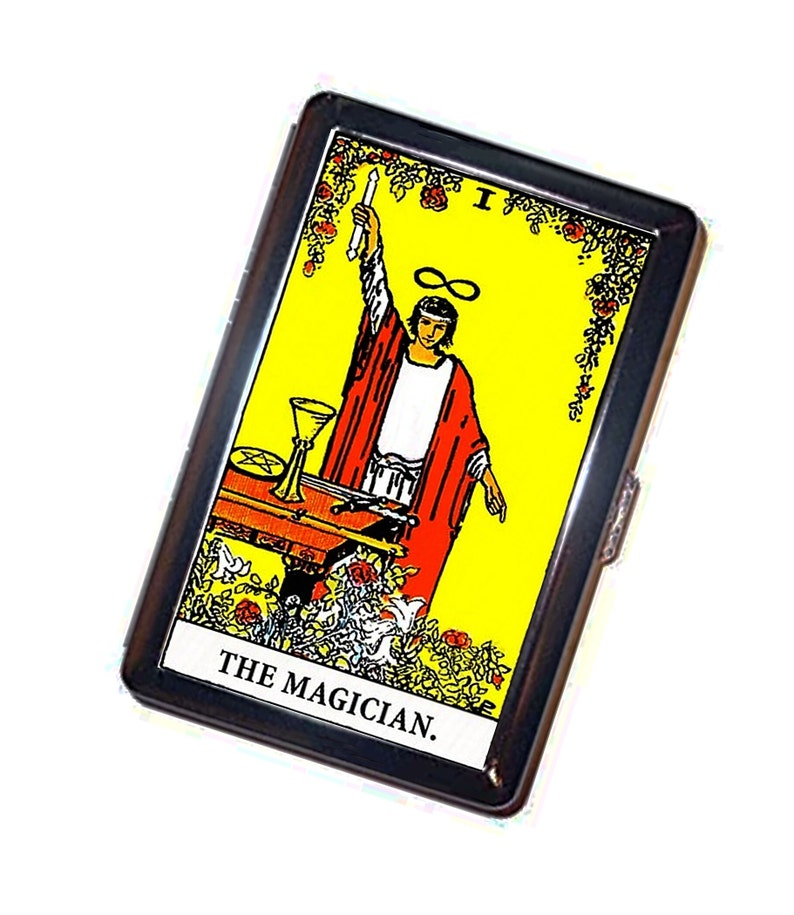 Tarot The Magician Cigarette Case Handmade Vintage Metal Wallet Stash Business Credit Card Cigarette ID IPod Holder Box Case image 1