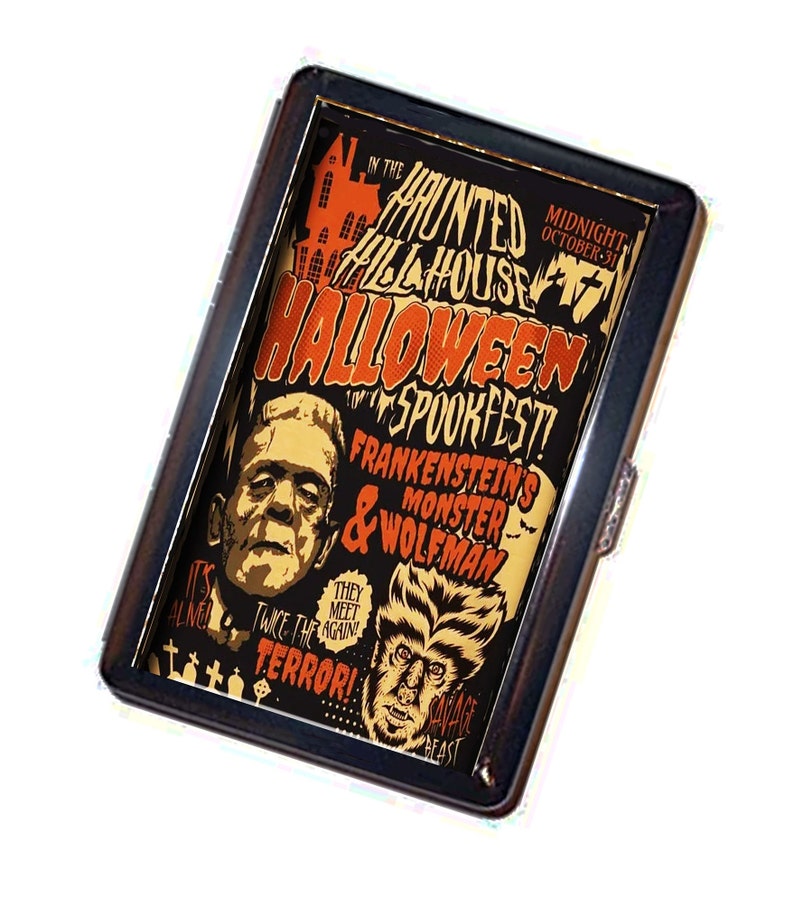 Haunted Hill House SPOOKFEST Cigarette Case Handmade Vintage Metal Wallet Stash Business Credit Card Cigarette ID IPod Holder Box Case image 1