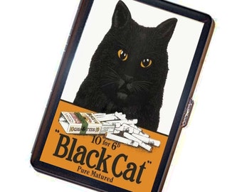 Black Cat Cigarette Case Handmade Vintage Metal Wallet Stash Business Credit Card Cigarette ID Holder Box Case