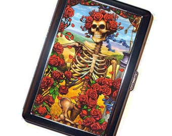 Étui à cigarettes squelette et roses fait main portefeuille en métal caché carte de crédit professionnelle porte-cigarette boîte cadeau