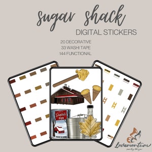 Puede incluir: Pegatinas digitales para planificadores y diarios con temática de cabaña de azúcar. El conjunto incluye 20 pegatinas decorativas, 33 diseños de cinta washi y 144 pegatinas funcionales. Las pegatinas presentan ilustraciones de una cabaña de azúcar, jarabe de arce y otros diseños con temática de arce.
