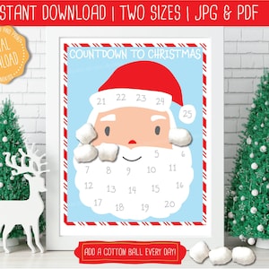 Countdown To Christmas Santa Calendar Printable, Christmas Countdown Calendar, Countdown to Christmas, Christmas Countdown Printable, PDF
