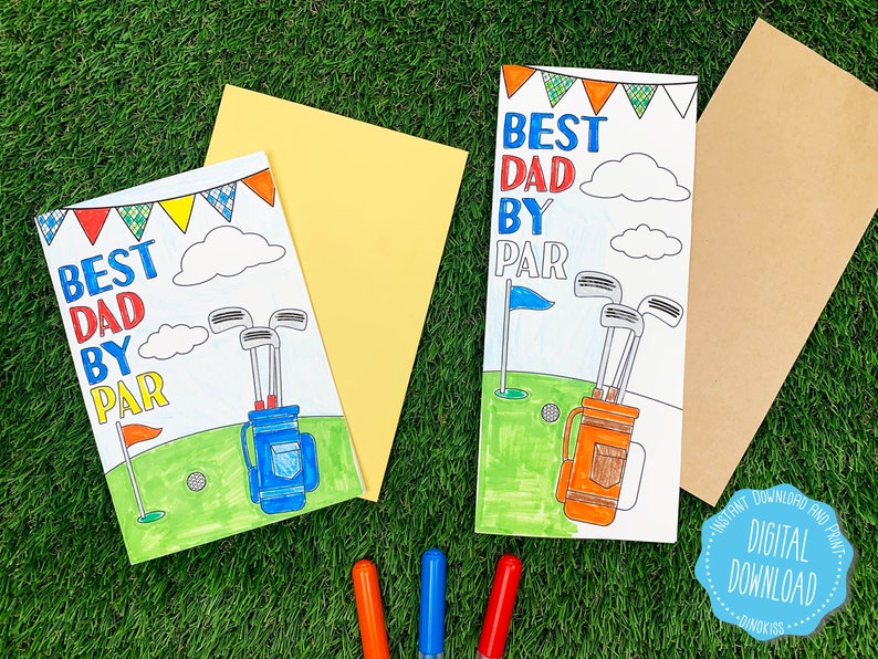 May include: Two printable colouring cards with a golf theme. The cards feature a golf bag with clubs and the text "Best Dad By Par".