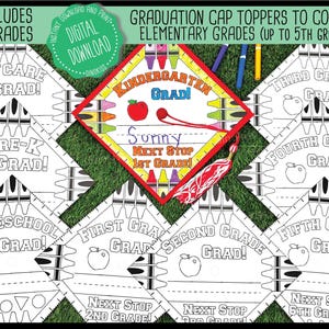 May include: Nine printable graduation cap toppers to color for daycare, pre-K, kindergarten, first, second, third, fourth, and fifth grade. Each topper features a graduation cap with a red apple, crayons, and the text "GRAD!" and "Next Stop [Grade Number]!".