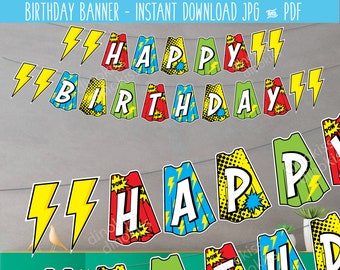 Happy Birthday Superhero Banner Printable, Birthday Party Decor, Happy Birthday Sign, Birthday Banner, Superhero Capes, Printable Banner