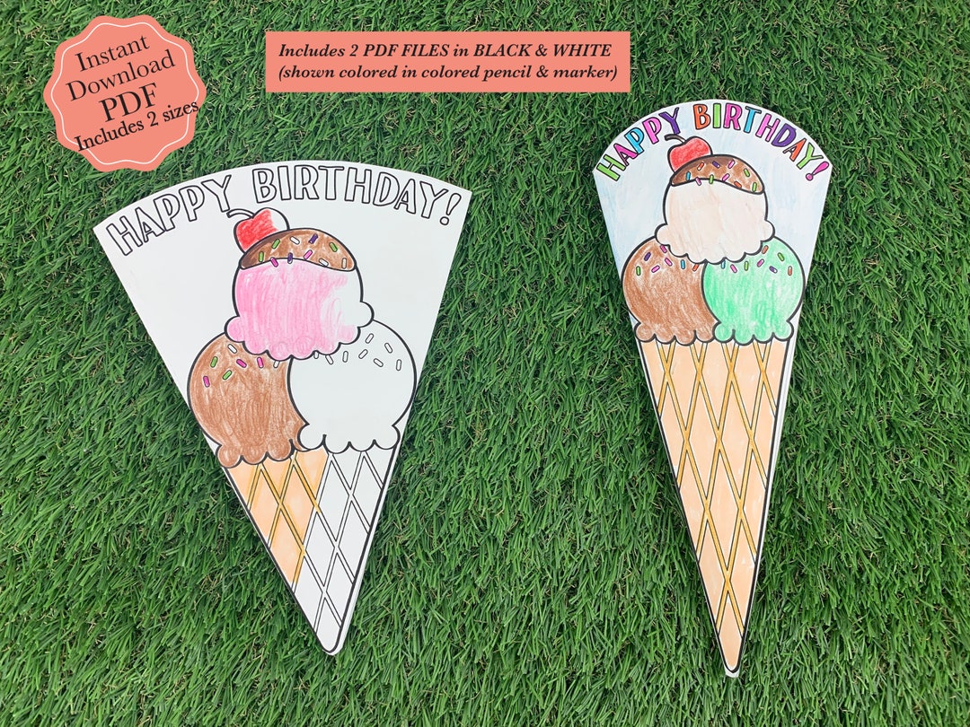 Birthday Ice Cream Cone Coloring Card PDF, Birthday Card Printable, Ice ...