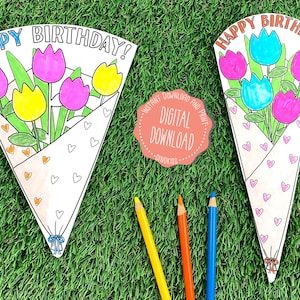 Happy Birthday Ausmalkarte PDF, Geburtstagskarte druckbar, Geburtstagskarte Kinder, Blumenstrauß Karte druckbar, Happy Birthday, Digital, PDF