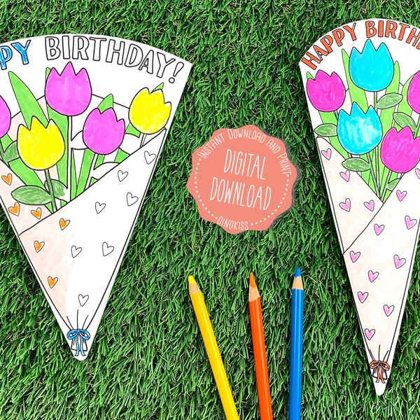 Happy Birthday Coloring Card PDF, Birthday Card Printable, Birthday Card Kids, Flower Bouquet Card Printable, Happy Birthday, Digital, PDF