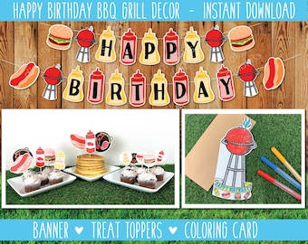Può includere: Decorazione per barbecue di compleanno stampabile con download istantaneo, include uno striscione, decorazioni per leccornie e una carta da colorare. Lo striscione presenta lettere rosse, gialle e bianche, una griglia, hot dog e hamburger. Le decorazioni per leccornie presentano una griglia, hot dog, hamburger e bottiglie di ketchup. La carta da colorare presenta una griglia, hot dog e uno striscione che dice "Buon compleanno".