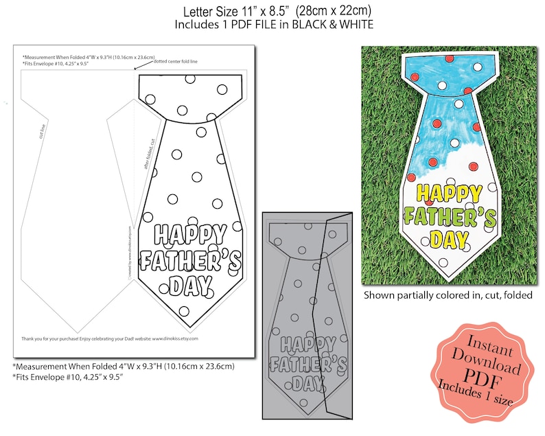 May include: Printable Father's Day card template in the shape of a tie with polka dots. The card is 28cm by 22cm and includes the text "Happy Father's Day".