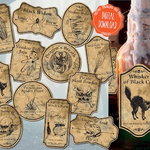 Afdrukbare etiketten Halloween-drankje, etiketten apotheker, Halloween-etiketten, etiketten apotheker, primitief Halloween, decor spookhuis, pdf