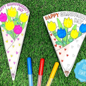 Happy Grandparents Day Coloring Card PDF, Grandparents Day Card Printable, Tulip Bouquet Printable, Grandparent cards, Grandparents Day