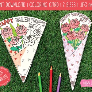 Valentines Day Coloring Card PDF, Valentines Day Card Printable, Rose Bouquet Printable, Valentine Card Printable, Valentines Day Bouquet
